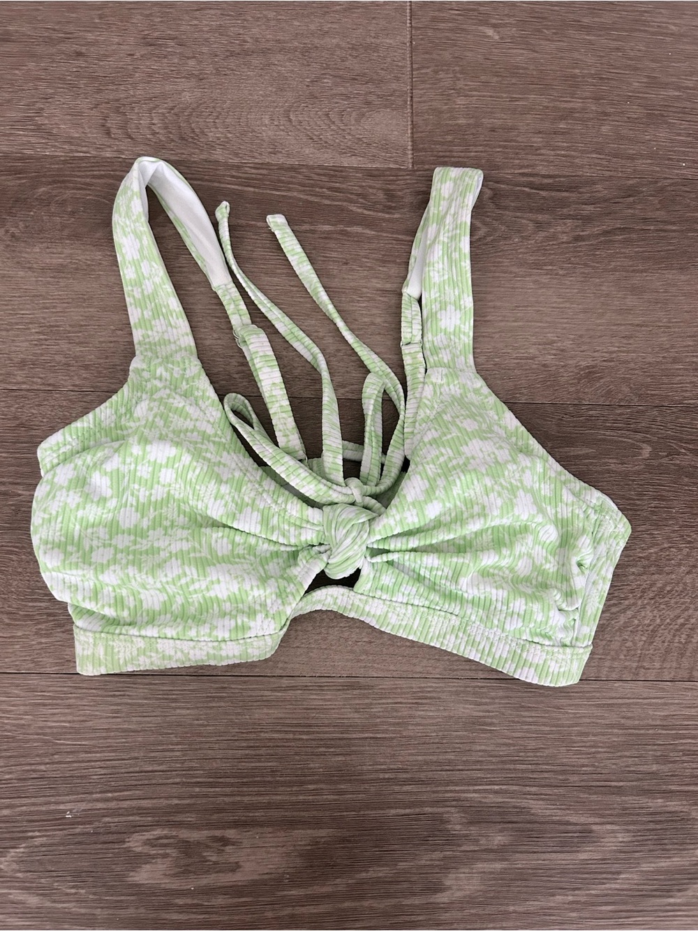 Xhilaration Light Green and White Tie-Front Ribbed Bikini Top D/DD